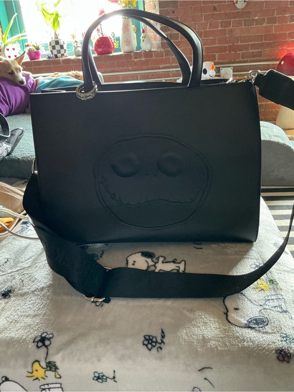 Black Women's Satchel Bag with Embossed Jack Skellington Face